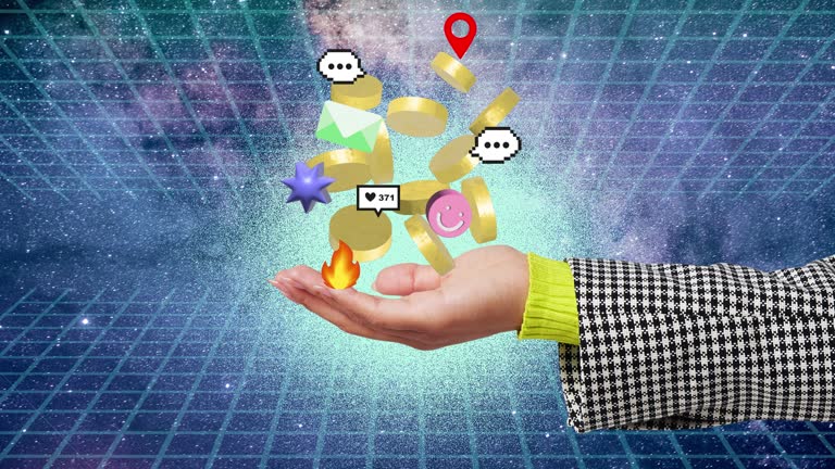 social media emojis and coins spinning above woman's outstretched palm